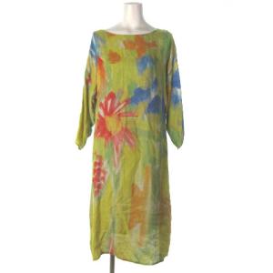 近年モデル ボックス ワンピース ロング ぼかし花柄 長袖 イエロー 黄 M GBEEB-69590