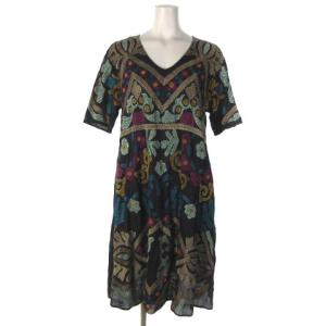 近年モデル ワンピース 麻 リネン ひざ丈 半袖 エンブロイダリー 刺繍 黒 ブラック M