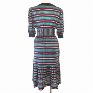 YVES SAINT LAURENT ヴィンテージ ワンピース 半袖 ボーダー ひざ丈 バルーン袖 スクエアネック コットン 紺 ネイビー 緑 グリーン M
