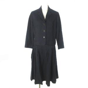 スカート スーツ セットアップ ストライプ ウール リネン 3B ネイビー 紺 2 3