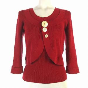 アンサンブルニット カーディガン ボレロ 七分袖 カットソー ノースリーブ バックボタン リブ コットン 赤 レッド 38