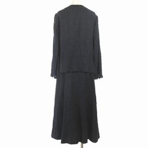 Leilian セットアップ ジャガード 総柄 リネン混 ノーカラージャケット ロングスカート 紺 ネイビー 13 XL位