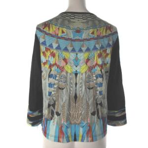 LEONARD SPORT カットソー 7分袖 フェザー柄 ブラック ブルー 40