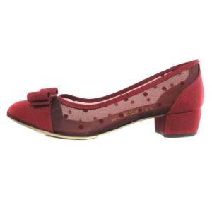 Salvatore Ferragamo パンプス シューズ ヴァラリボン ローヒール メッシュ ドット柄 ボルドー 6.5 約24cm