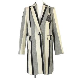 チェスターコート ランダムストライプ ウール ビジューワッペン 1B グレー ホワイト F