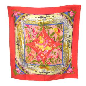 カレ90 TROPIQUES スカーフ 大判 シルク100％ 花 鳥柄 ピンク