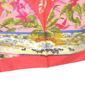 HERMES カレ90 TROPIQUES スカーフ 大判 シルク100％ 花 鳥柄 ピンク