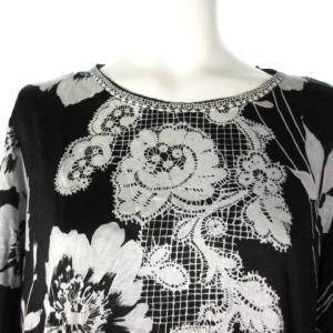 LEONARD ファッション FASHION カットソー レース 花柄 プリント 長袖 黒 ブラック LL