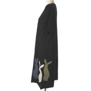 JURGEN LEHL Ｔシャツ カットソー チュニック 半袖 コットン リネン うさぎ ブラック 黒 M