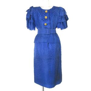 スーツ セットアップ シルク100％ ノーカラージャケット 半袖 金ボタン ひざ丈スカート 総柄 ベルテッド 青 ブルー 8