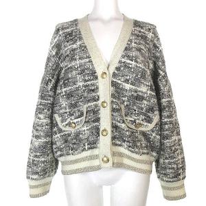 22AW カーディガン ニット 厚手 総柄 ライン ラメ混 Vネック 金ボタン オーバー グレー系 36