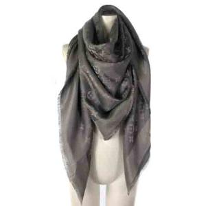 410460 モノグラム ストール ショール シルク ウール フリンジ ラメ グレー AA