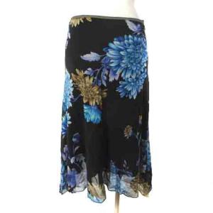 LEONARD 美品 ファッション FASHION スカート 膝丈 シルク フレア 花柄 黒 ブラック 67