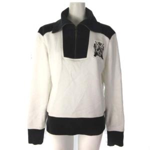 スウェット ハーフジップ 衿付き ワッペン 白 黒 ホワイト ブラック L