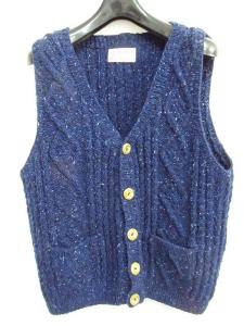 ベスト ニット ジレ 英国製 ミックスニット ケーブル編み デザイン編み ボタン ネイビー 紺