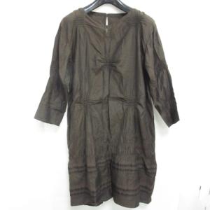 イッセイミヤケ ワンピース チュニック 7分袖 コットン シルク ウール  タック フレア ブラウン