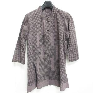 イッセイミヤケ ロング シャツ チュニック丈 7分袖 総柄 インド綿 刺繍 コットン グレー 3