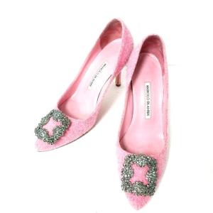 ハンギシ HANGISI パンプス ビジュー ウール ツイード ピンク 37