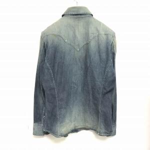 ISAMU KATAYAMA BACKLASH デニム＋ピッグスキン チェックプリントシャツ 長袖 ダメージ加工 青 インディゴブルー L