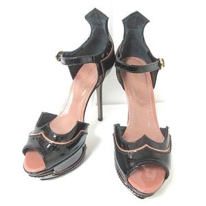 アンクルストラップ ヒールサンダル エナメル プラットフォーム ブラック 35