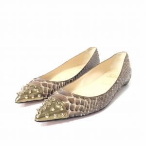 パイソン スタッズ フラットパンプス 茶 ブラウン ゴールド 38 約24cm