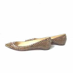 Christian Louboutin パイソン スタッズ フラットパンプス 茶 ブラウン ゴールド 38 約24cm