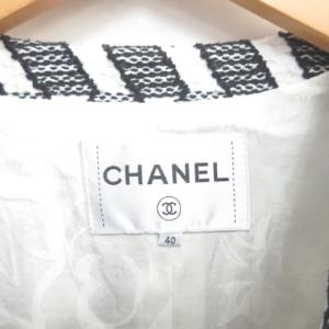 CHANEL 16C ツイードノーカラージャケット 40 ホワイト ブラック