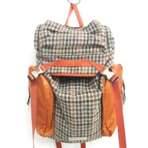 × ハリスツイード Harris Tweed 13AW バックパック リュックサック 千鳥格子柄 切替 ナイロン 茶 オレンジ