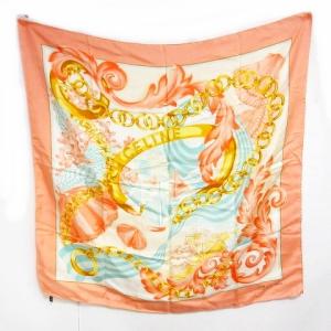 CELINE ヴィンテージ 大判シルクスカーフ チェーン サンゴ柄 マルチカラー
