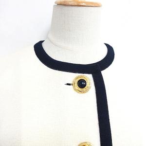 YVES SAINT LAURENT ヴィンテージ ニット ノーカラー ジャケット カーディガン 羽織り 金ボタン ビジューボタン アイボリー M 