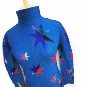 me ISSEY MIYAKE プリーツ ハイネック カットソー トップス 総柄 ブルー F