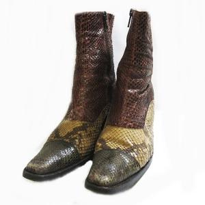 SARTORE パイソン ショートブーツ キューバンヒール レザー サイドジップ スクエアトゥ ブラウン ベージュ カーキ 36 