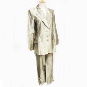 YVES SAINT LAURENT シルク100％ スーツ セットアップ フォーマル テーラードジャケット スラックスパンツ 3B メタリックベージュ 36 38