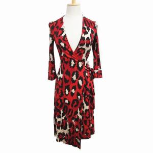 DIANE von FURSTENBERG シルク100％ レオパード柄 ラップワンピース ひざ丈 7分袖 ドレス レッド 0