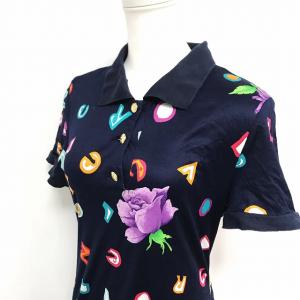 FASHION ワンピース 半袖 ひざ丈 総柄 タイト 金釦 ネイビー M IBS17 1217