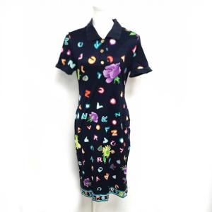 LEONARD FASHION ワンピース 半袖 ひざ丈 総柄 タイト 金釦 ネイビー M IBS17 1217