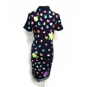 LEONARD FASHION ワンピース 半袖 ひざ丈 総柄 タイト 金釦 ネイビー M IBS17 1217