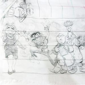 Faliero Sarti × ディズニー 美品 ストール マフラー シルク混 総柄 ライトブルー 1224 IBO18