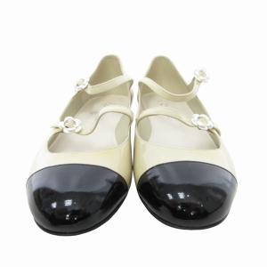 CHANEL カメリア メリージェーン フラットシューズ パテントレザー エナメル アイボリー 37C 約24cm