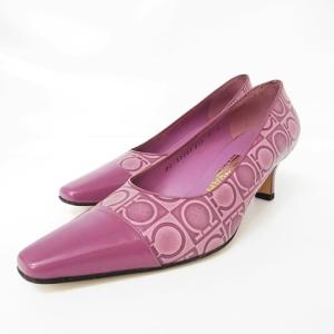 美品 ガンチーニ レザーパンプス 総柄 切替 ミドルヒール ポインテッドトゥ パープル 7