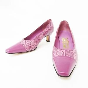 Salvatore Ferragamo 美品 ガンチーニ レザーパンプス 総柄 切替 ミドルヒール ポインテッドトゥ パープル 7