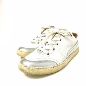 HERMES レザー ローカット スニーカー Hロゴ バイカラー ホワイト シルバー