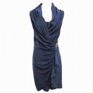 パーティードレス アシンメトリー カシュクール シルク ビジュー装飾 ネイビー