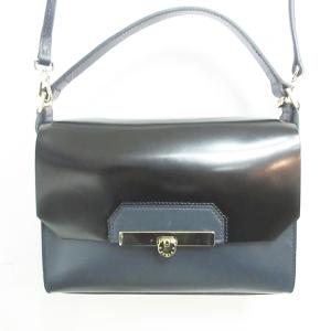 バイカラー レザー ハンドバッグ ショルダー ミニ 無地 スクエア メタルプレート ブラック ブルー