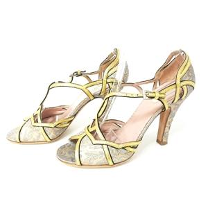 PRADA サンダル ハイヒール 花柄 ジャガード ストラップ ゴールド グレー