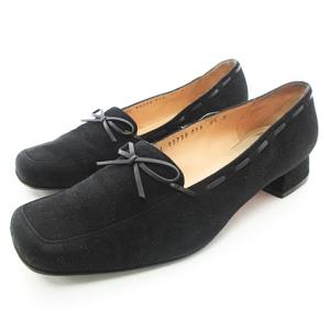 パンプス ローヒール シューズ スエード フロントリボン スクエアトゥ ブラック