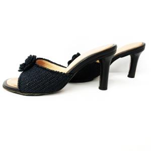 CHANEL ミュール ハイヒール パンプス カメリア ワンポイント ココマーク オープントゥ ネイビー ブラック