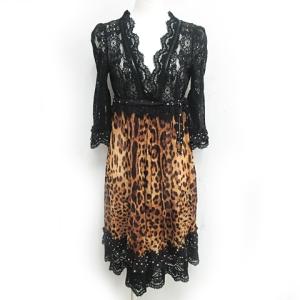 ワンピース レース フリル 切替 レオパード柄 リボン ベルト タグ付 7分袖 黒 茶 系 40 M IBO24 0701