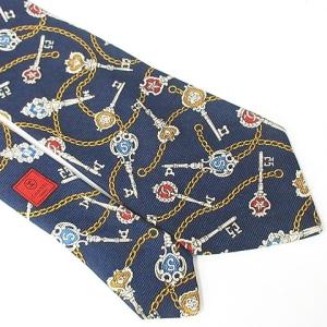 CHANEL ネクタイ シルク 鍵柄 チェーン柄 ネイビー