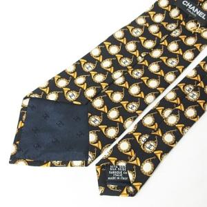 CHANEL ネクタイ シルク ココマーク ラッパ 総柄 ブラック